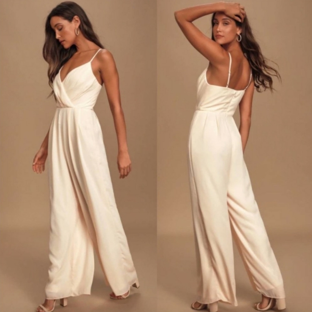 NWOT Lulus Call For Me Gardenia Faux Wrap Jumpsuit Wide Leg Sz S Party Event